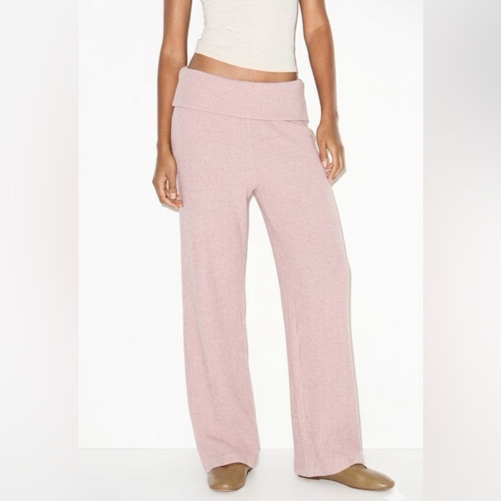Elegant Pink Wide Leg Ribbed Pants